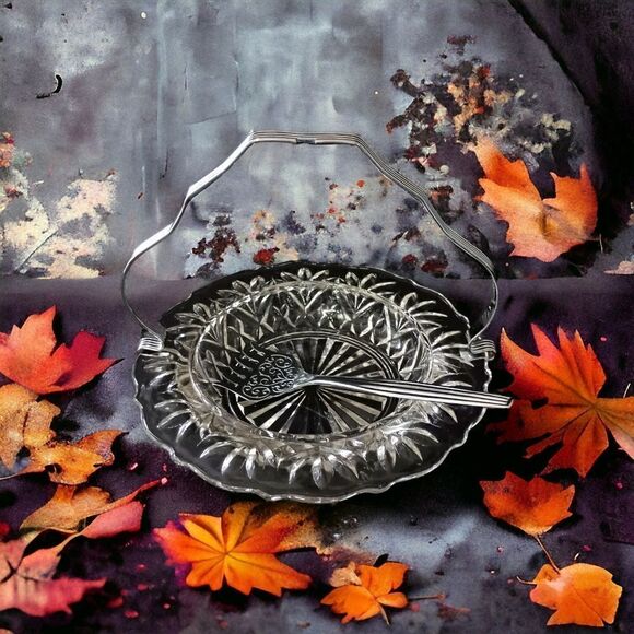 Sheffield Glass Server Plate Set Chrome Fork Holder Vintage Seafood Appetizers. - Picture 8 of 16